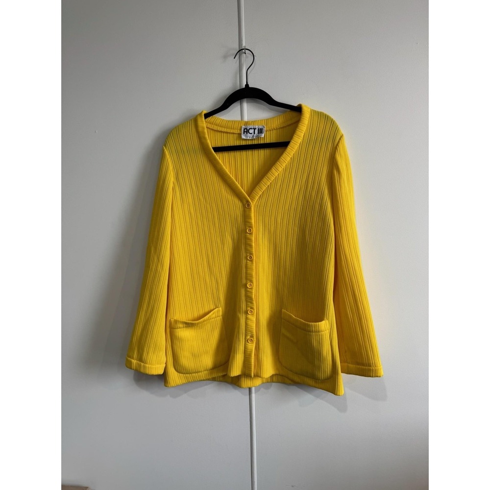 Vintage ACT III Cardigan‎ Sweater Womens Medium Yellow Ribbed Knit Pockets 70s